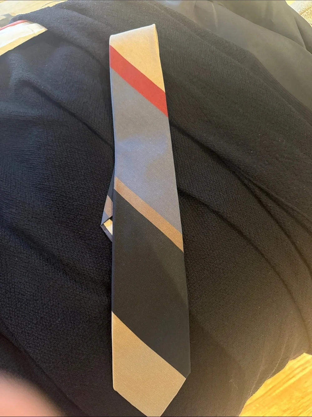 Striped Silk Tie in Gray, Black, Red and Tan